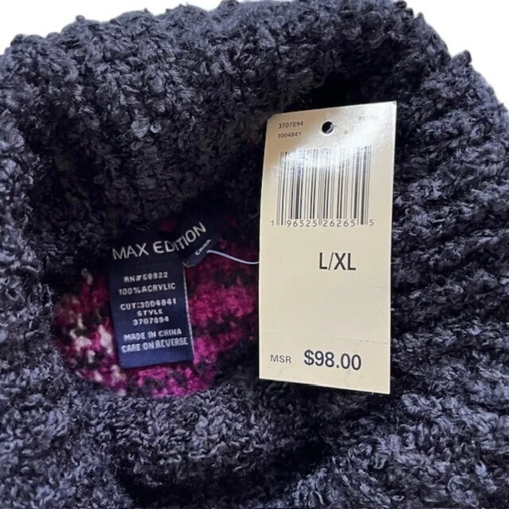 Max Edition Women's Poncho L/XL Burgundy Plaid Cowl Neck Fringe Cozy Wrap casual